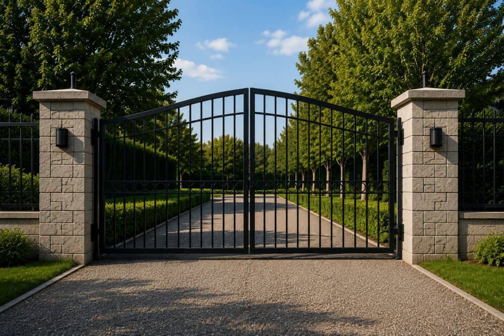 Black metal driveway gate with stone pillars and security lights.