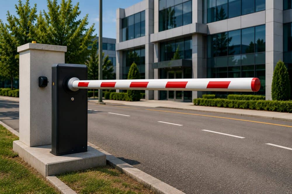 Modern security barrier gate at office entrance for vehicle access control.
